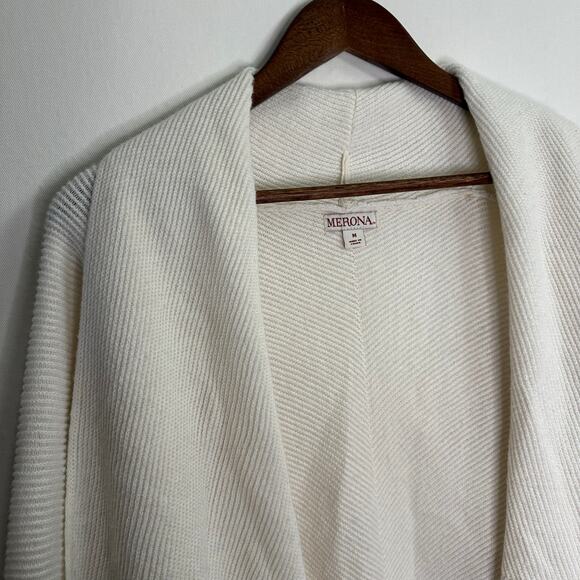 MERONA Size Medium Longer White Open Knit Cardigan - Picture 3 of 9